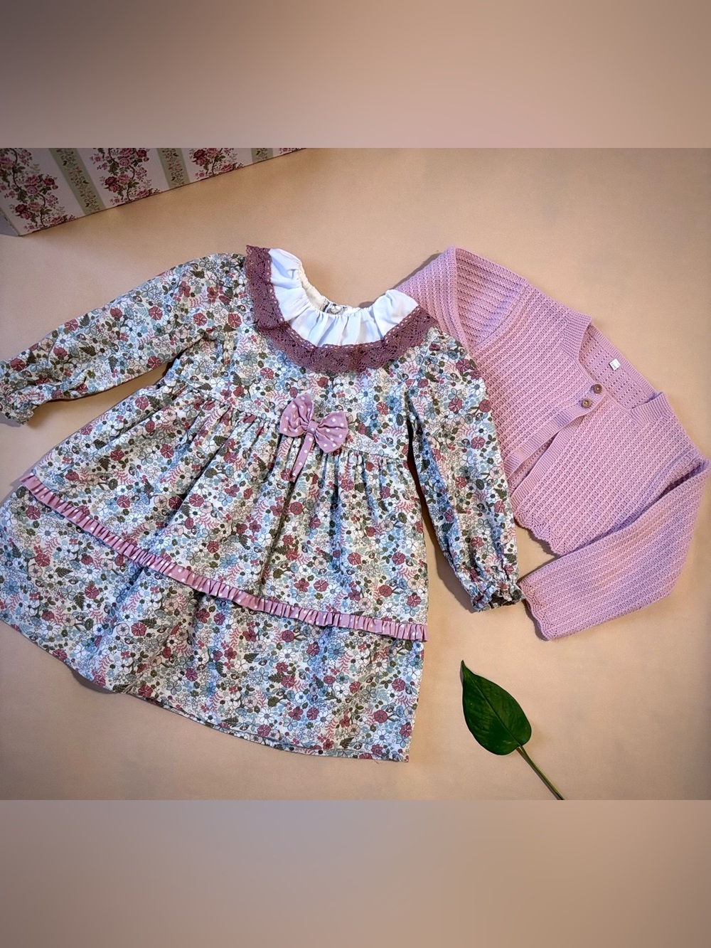 Spanish Dress Girls Floral Bow Dress with Pink Knit Cardigan